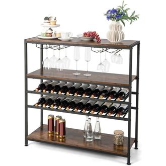 Costway Costway Estante De Vinos Para 20 Botellas, Armario De Bar Independiente Con 2 Estantes De Vino Y 4 Filas De Soportes De Copas, Amplia Parte Superior Y