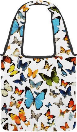 Generic Colorful Butterfly Reversible Canvas Shoulder Tote - Double-Sided Print, 12oz Cotton, 27cm Drop, Fold-Flat Bag for Travel, Shopping, Street Outings