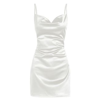 Generic Dresses for Women UK Womens Satin Sleeveless Spaghetti Strap Mini Dress Sexy Slip Cowl Neck Silky Dresses 2024 Bodycon Dresses for Women UK (White, L)