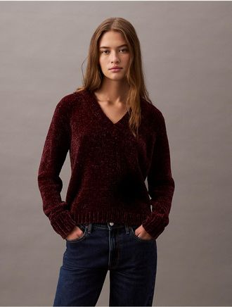 Calvin Klein Womens Chenille Relaxed V-Neck Sweater - Brown - XS