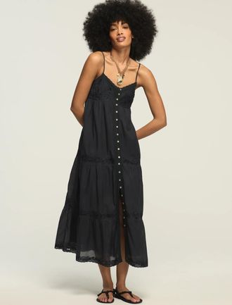 Lucky Brand Womens Embroidered Tiered Button Through Midi Dress