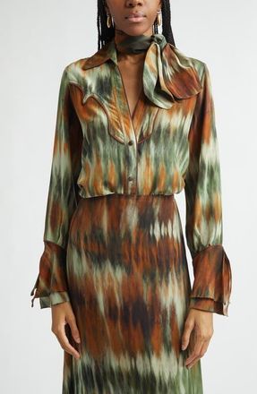 Johanna Ortiz Cabalgando Piped Silk Western Shirt in Pine Green /Chocolate at Nordstrom, Size 10