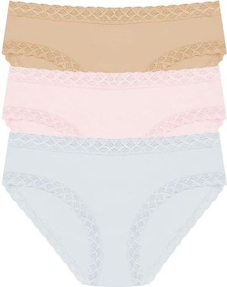 Natori Bliss Girl Brief 3-Pack Panties Womens Underwear Quarry/Pink Sky/Cafe : L (Womens 14-16), Cotton/Lace/Lycra