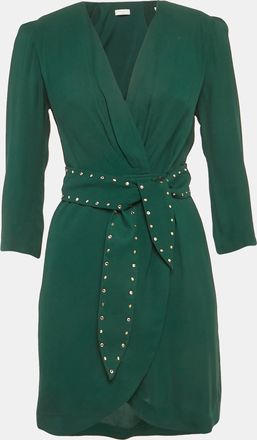 Sandro Green Crepe Embellished Trim Wrap Around Mini Dress