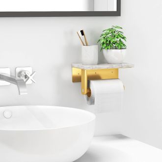OEM Portarrollos De Papel Higi&eacute;nico De Metal Dorado Cepillado Con Estante De M&aacute;rmol Natural, Montaje En Pared Con Tornillos De Acero Inoxidable 304, Dispe