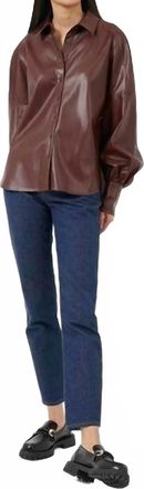 French Connection Etta Vegan Leather Puff Sleeve Blouse In Bitter Chocolate