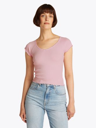 Tommy Jeans TJW SLIM VNECK GMD RIB SS mit Rollkanten, im femininen Stil