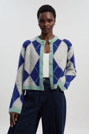 Karen Millen Womens Premium Alpaca Wool Blend Fairisle Knitted Cardigan - Grey Polyamide - Size X-Small