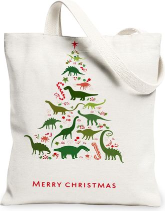 Generic Christmas Dinosaurs Canvas Tote Bags, Holiday Tree Pattern Reusable Grocery Bags, Lightweight Washable Shoulder Strap, White, 13x15 Inch