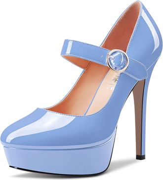 Castamere Women Stiletto High Platform Heel Round Toe Mary Jane Pumps Court Shoe Slip-on Classic Cute Dress 13 CM Heels Light Blue 8.5 UK