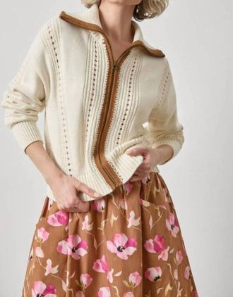 Lilla P Contrast Collar Zip Cardigan In Rope