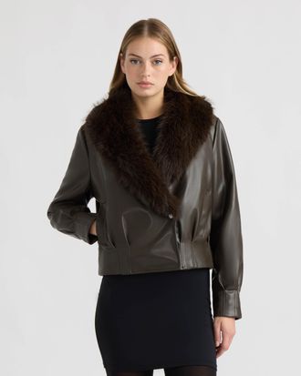 NVLT Womens Vegan Leather Bomber Jacket with Faux Fur Collar