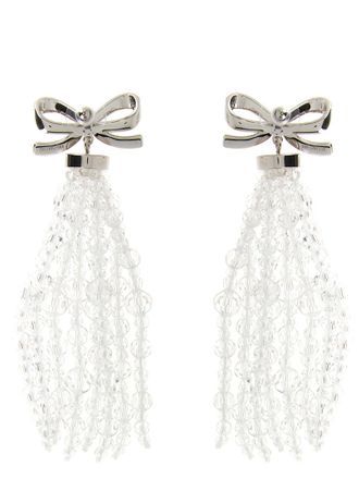 Self Portrait Bow Beaded Waterfall Earrings - Silver