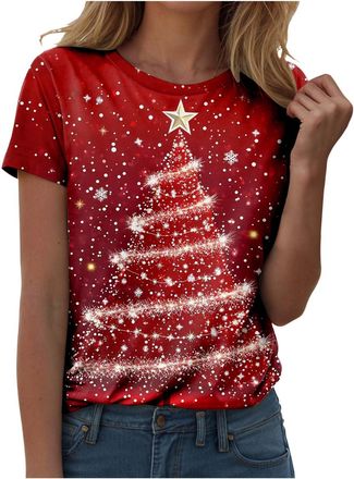 Generic Womens Ladies Christmas T Shirt Xmas Tree Reindeer Print Blouse Short Sleeve Shirt Snowflakes Tshirt Novelty Pullover Ugly Christmas Sweatshirt Round 