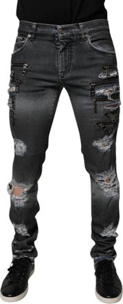 Dolce & Gabbana Mens Dark Gray Tattered Cotton Skinny Denim Jeans Clothing