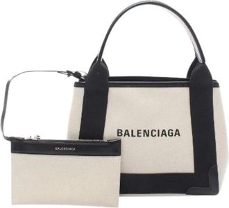 Balenciaga Pre-owned Navy Cabas Leren Canvas Handtas - Dames - Vintage Shopper - Beige - ONE Size - Leer - Vintage