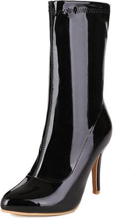 Generic Womens Elegant Patent Leather Stiletto Heel Mid-calf Boots with Pointed Toe,Slip-On Style,Black,5.5 UK