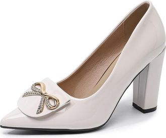 Generic Womens Rhinestones Bowknot Dress Shoes High Block Heels Closed Pointed Toe Wedding Office Party Pumps Slip On (White,5.5)