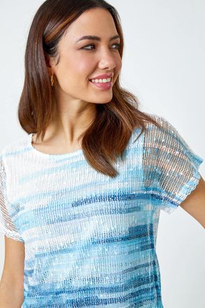 Roman Stripe Print Mesh Overlay Top