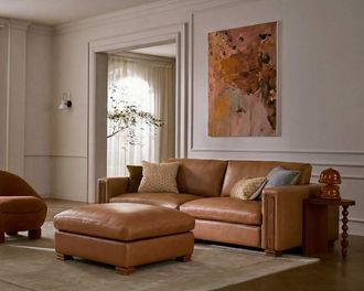 Castlery Tan France Kagan Leather Sofa with Ottoman, Cocoa Brown, American Top-Grain Leather, Castlery