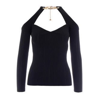 Elisabetta Franchi V-neck Knitwear, female, Black, Size: L Chain-detail ribbed knit blouse