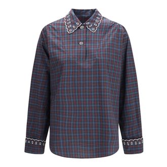Marni Geruit katoenen overhemd met geborduurde details - Dames - Blouses & Shirts - Paars - Maat: 2XS Katoen