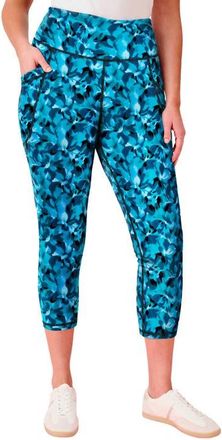 Roaman's Soft Sculpt Side Pocket Capri Legging in Turquoise Watercolor Floral at Nordstrom, Size 16