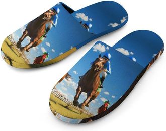 Generic Horse Racing Mens Slippers Flannel Warm House Shoes with Rubber Anti-Slip Sole Slip On for Home Outdoor
