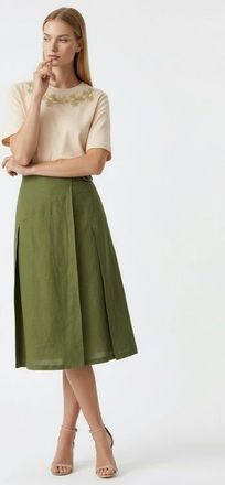 Exquise Burnice Buckle Detail Linen Midi Skirt in Khaki at Nordstrom, Size X-Small