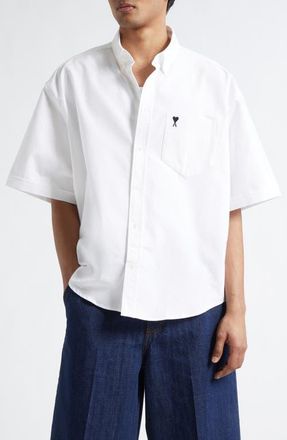 Ami Ami de Coeur Embroidered Boxy Cotton Poplin Button-Up Shirt in Blanc Naturel at Nordstrom, Size 42