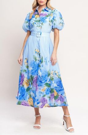 Flying Tomato Floral Crepe Midi Shirtdress in Light Blue at Nordstrom, Size Medium