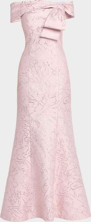 Teri Jon Metallic Jacquard Off-Shoulder Column Gown