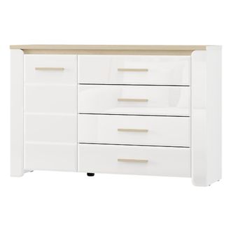 Dmora Aparador Bicheno, Alacena 2 Estantes, 4 Cajones, 1 Puerta, 135x40x88h Cm Blanco Mate