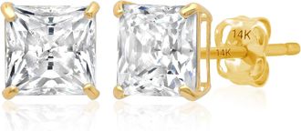 MAX + STONE 14k Yellow or White Gold Princess Cut Cubic Zirconia Stud Earrings 4MM to 7MM