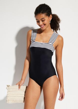 Bonprix Badeanzug BONPRIX, Damen, Gr. 38, N-Gr, schwarz, wei&szlig; gestreift, Obermaterial: 80% Polyamid, 20% Elasthan. Futter: 100% Polyester. Netzfutter: 85% Pol