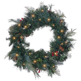 Beliani Beliani - Corona De Navidad Con Pi&ntilde;as Sint&eacute;ticas Y Bayas Para Puerta Con Luces Led 60 Cm Verde Elbrus