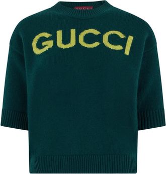 Gucci Zachte wollen top met intarsia - Dames - Ronde hals truien - Groen - S - Wol - Truien & Vesten
