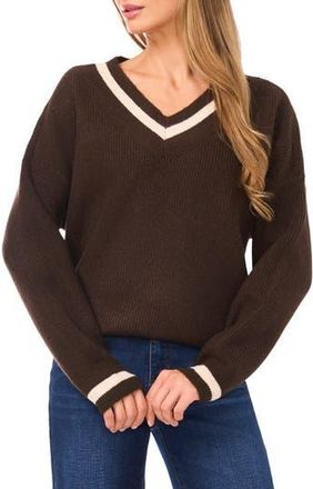 CeCe by Cynthia Steffe V-Neck Varsity Sweater in Chocolate at Nordstrom Rack, Size X-Small