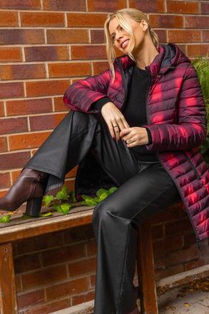 Roman Check Print Quilted Puffer Coat