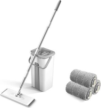 OEM Cubo Con Fregona Giratoria, Fregona Giratoria Con Cubo, Fregona Plana Giratoria De 360&deg; Con Mango (125 Cm), Cabezal De Fregona Y 3 Almohadillas De Mic
