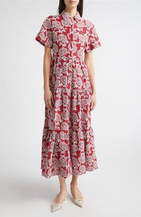 Erdem Floral Embroidered Tiered Cotton Blend Midi Shirtdress in Cherry at Nordstrom, Size 8 Us