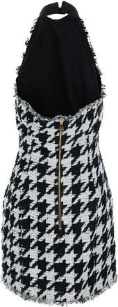 Balmain Womens Halterneck Mini Dress With Houndstooth Motif Black And White Tweed Satin
