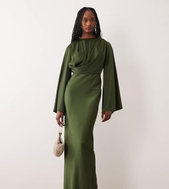 Asos Tall ASOS DESIGN Tall - Vestito kaki con maniche svasate e drappeggio-Verde