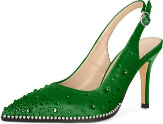 EDEFS Womens Work to Wedding Slingback Pumps 9 cm Stiletto Heel High Heel Beaded Satin & Pointed Toe Slingback Strap Seamless Transition for Work Wedding Pa