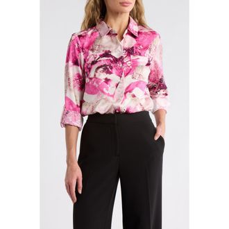 DKNY Printed Satin Roll Tab Top in Hot Pink/Pebble Combo at Nordstrom Rack, Size X-Small