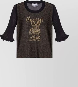 Ganni graphic print sheer knit top with ruffle cuffs