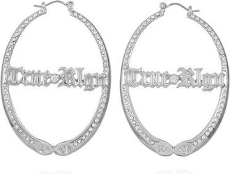 True Religion Pave & Logo Oval hoop earring in Silvertone at Nordstrom