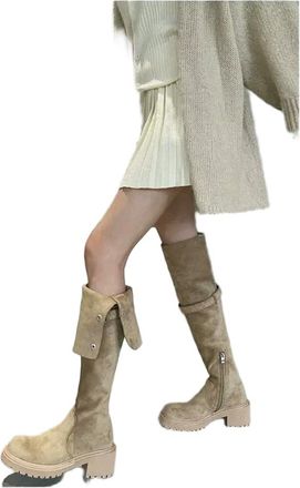 Generic YUJIEBB Over The Knee Cowboy Boots Women Winter Platform Shoes Fashion Fur Suede Wedges Thigh High Boots Motorcycle Apricot