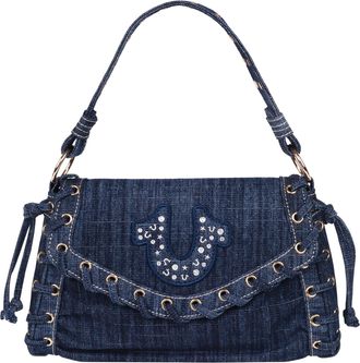 True Religion Studded Horseshoe Eyelet Denim Flap Bag