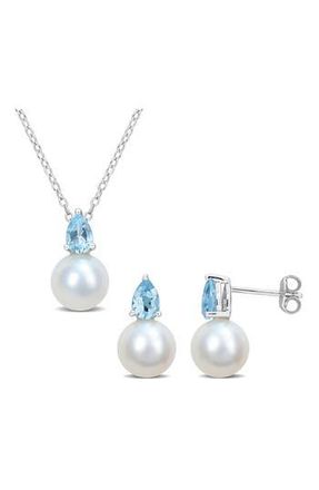 Delmar Topaz & Freshwater Pearl Stud Earrings & Pendant Necklace Set in Blue at Nordstrom Rack